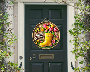 Yellow Boot Colorful Door Hanger - Bright Wooden Sign, Fun Home Decor for Front Door, Seasonal & Year-Round Use, Vibrant Entryway Accent